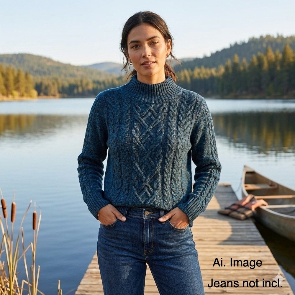 Pendleton Cable Knit Sweater Blue Mock Neck Womens L/XL‎ Cozy Soft Minimalist